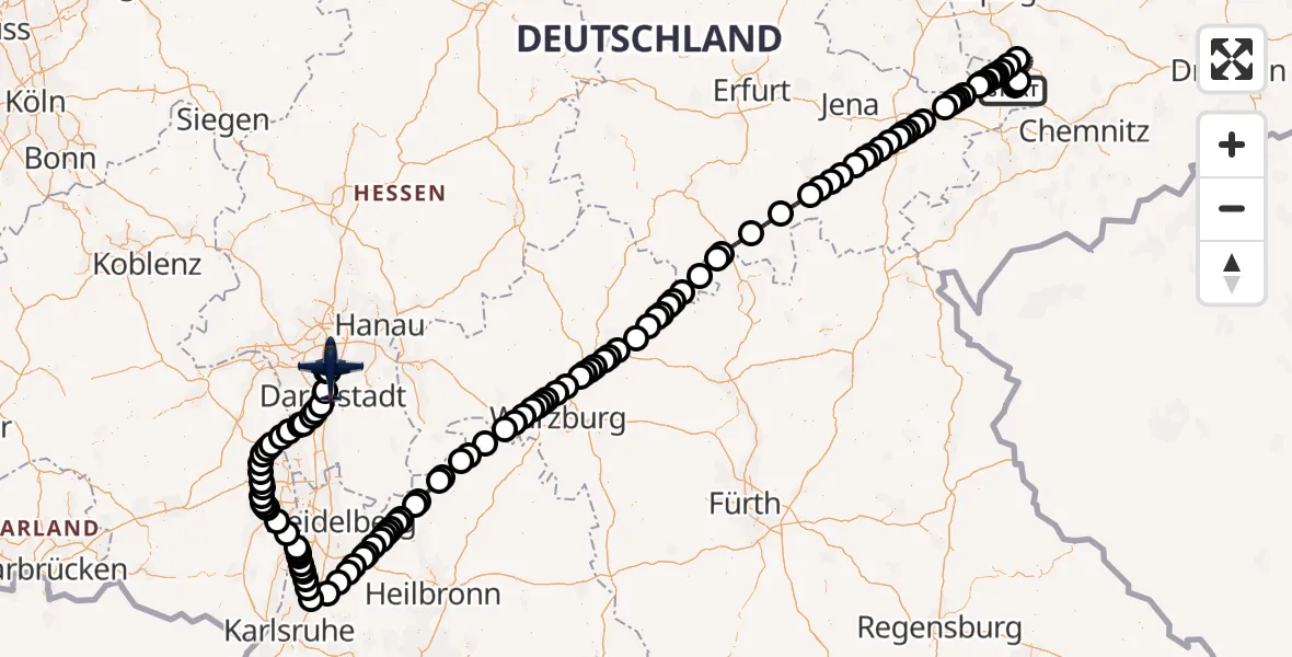 Flugroute Polizeiflugzeug Leipzig–Altenburg Flughafen - Flughafen Frankfurt-Egelsbach, 08 April 2026, 11:19
