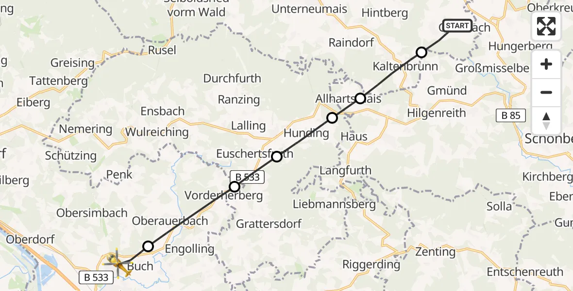 Flugroute Rettungshubschrauber Kirchdorf i.Wald - Hengersberg, 08 April 2026, 11:32