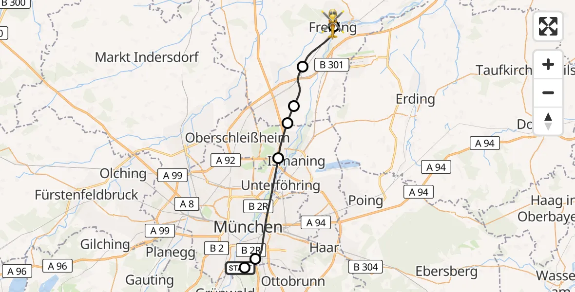 Flugroute Rettungshubschrauber ADAC Air Rescue Center Hubschrauberlandeplatz (Christoph 1) - Freising Clinic Hubschrauberlandeplatz, 08 April 2026, 11:37