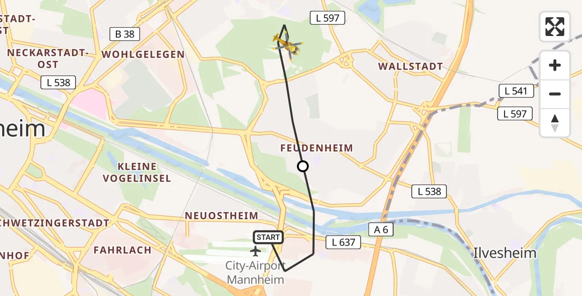Flugroute Rettungshubschrauber Mannheim-City Flughafen - Mannheim, 08 April 2026, 11:47