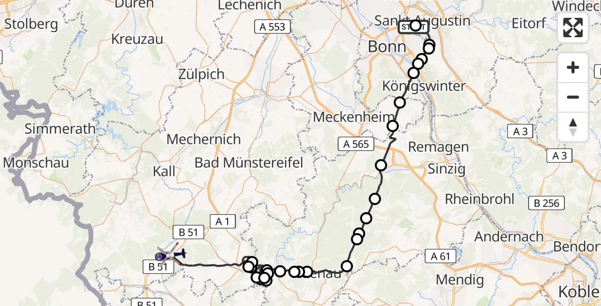 Flugroute Polizeihubschrauber Bonn-Hangelar Flugplatz - Dahlem, 08 April 2026, 11:47