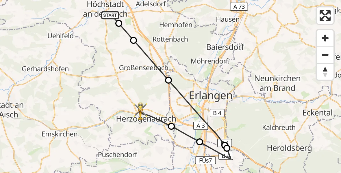 Flugroute Ambulanzhubschrauber Höchstadt a.d.Aisch - Herzogenaurach, 08 April 2026, 11:48