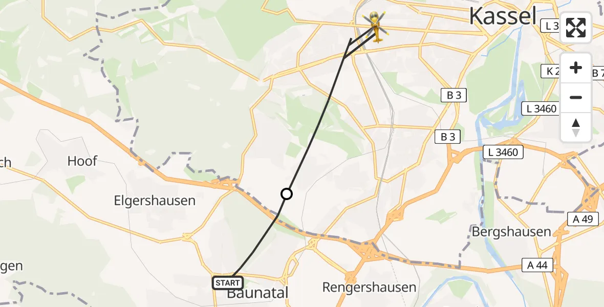 Flugroute Rettungshubschrauber Baunatal - Kassel, 08 April 2026, 11:50
