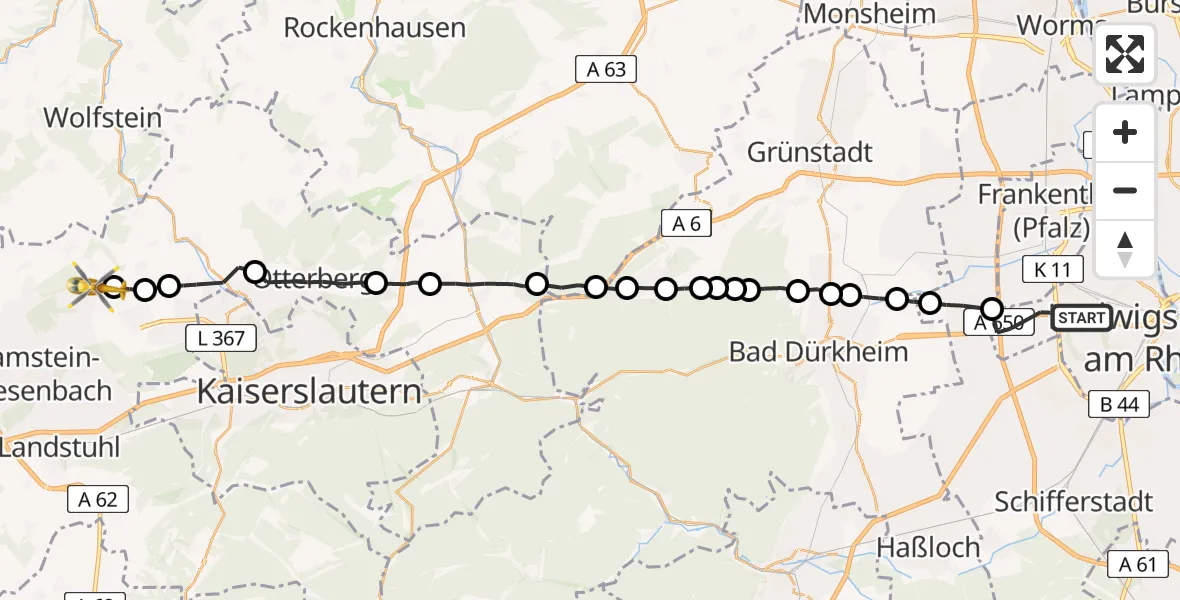 Flugroute Rettungshubschrauber Ludwigshafen am Rhein - Schwedelbach, 08 April 2026, 12:02