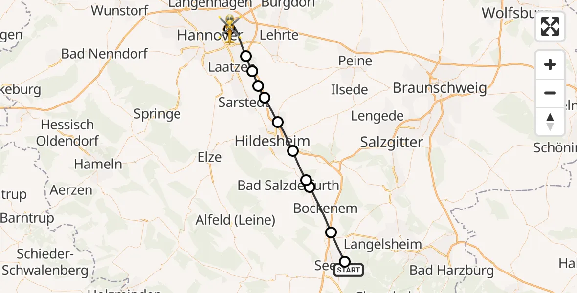 Flugroute Rettungshubschrauber Harz (Landkreis Goslar) - Hannover Luftrettung Hubschrauberlandeplatz (Christoph 4), 08 April 2026, 12:04