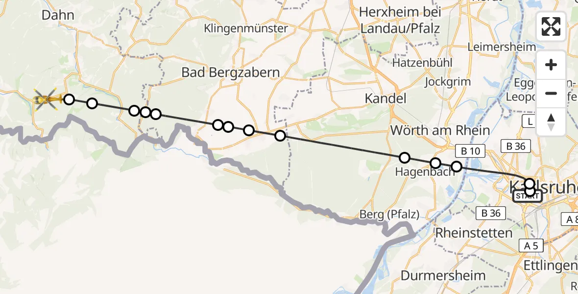 Flugroute Rettungshubschrauber Sankt Vincentius Hospital - Rumbach, 08 April 2026, 12:05