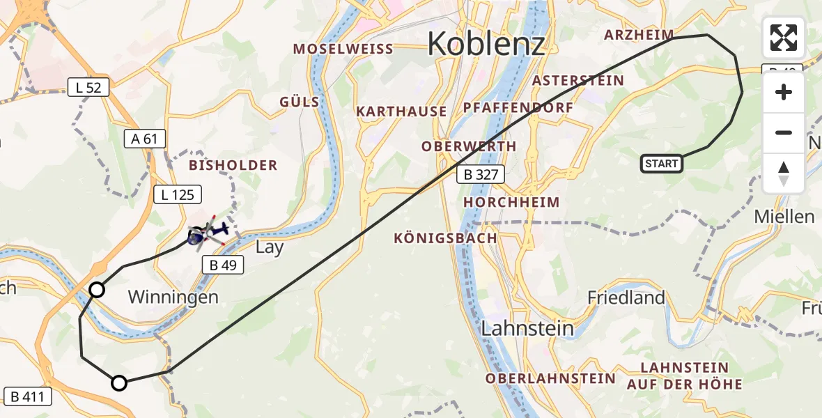 Flugroute Polizeihubschrauber Koblenz - Koblenz-Winningen Flugplatz, 08 April 2026, 12:05