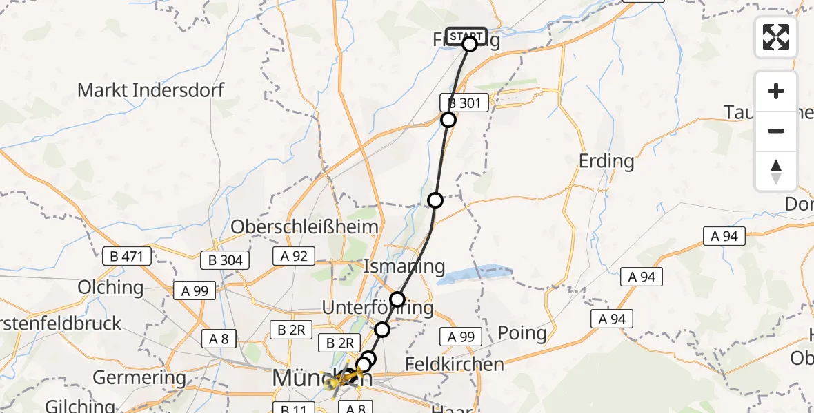 Flugroute Rettungshubschrauber Freising Clinic Hubschrauberlandeplatz - Rechts der Isar University Hospital, 08 April 2026, 12:26