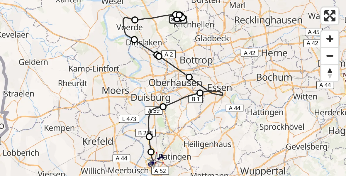 Flugroute Polizeihubschrauber Dinslaken-Schwarze Heide Flugplatz - Düsseldorf Flughafen, 08 April 2026, 12:27