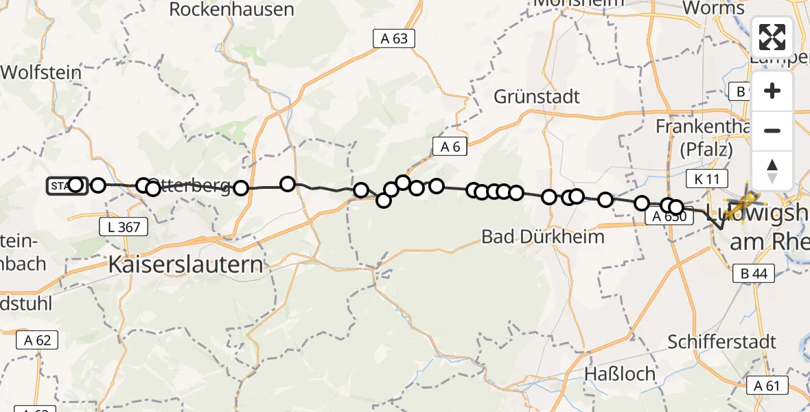 Flugroute Rettungshubschrauber Erzenhausen - Ludwigshafen Accident Hospital Hubschrauberlandeplatz, 08 April 2026, 12:48