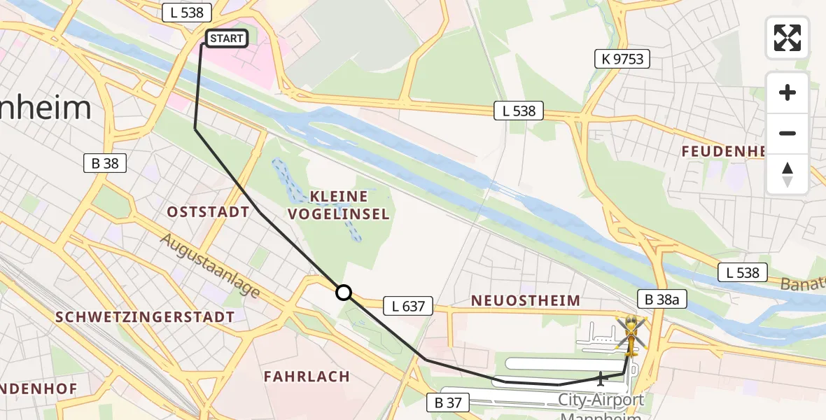 Flugroute Rettungshubschrauber Mannheim - Mannheim-City Flughafen, 08 April 2026, 12:52