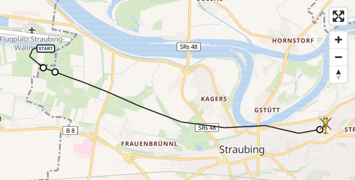 Flugroute Rettungshubschrauber Straubing Flughafen - Sankt Elisabeth Hospital Straubing, 08 April 2026, 12:56