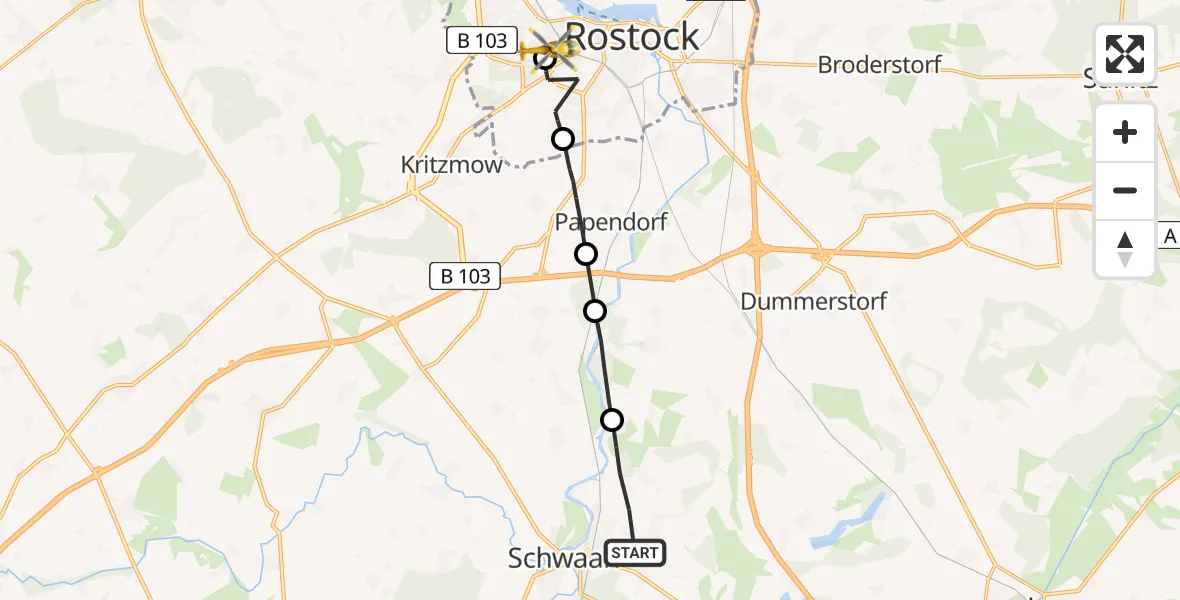 Routekaart van de vlucht: Rettungshubschrauber nach Rostock University Hubschrauberlandeplatz