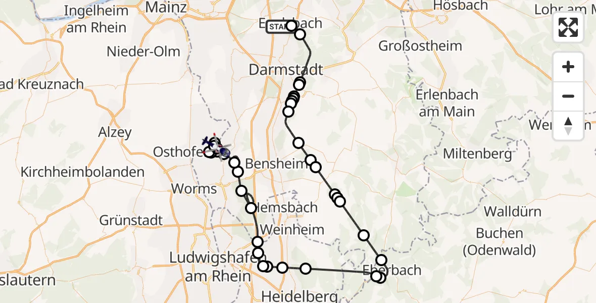 Flugroute Polizeihubschrauber Flughafen Frankfurt-Egelsbach - Groß-Rohrheim, 08 April 2026, 13:06