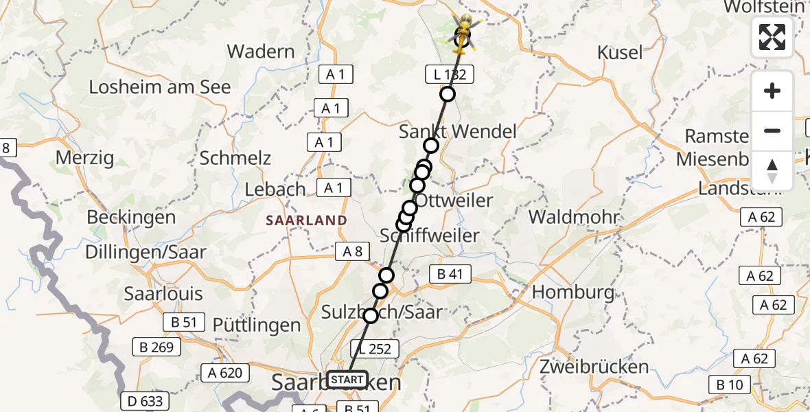 Flugroute Rettungshubschrauber Saarbrücken - Freisen, 08 April 2026, 13:07