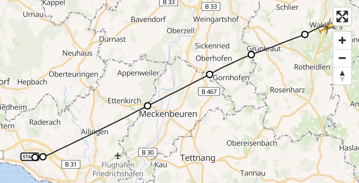 Flugroute Rettungshubschrauber Friedrichshafen Hospital - Waldburg, 08 April 2026, 13:07