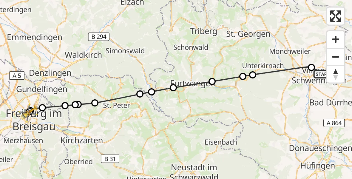 Flugroute Rettungshubschrauber DRF Air Rescue Station Villingen-Schwenningen Hubschrauberlandeplatz (Christoph 11) - Freiburg University Hospital Heliport 1, 08 April 2026, 13:25