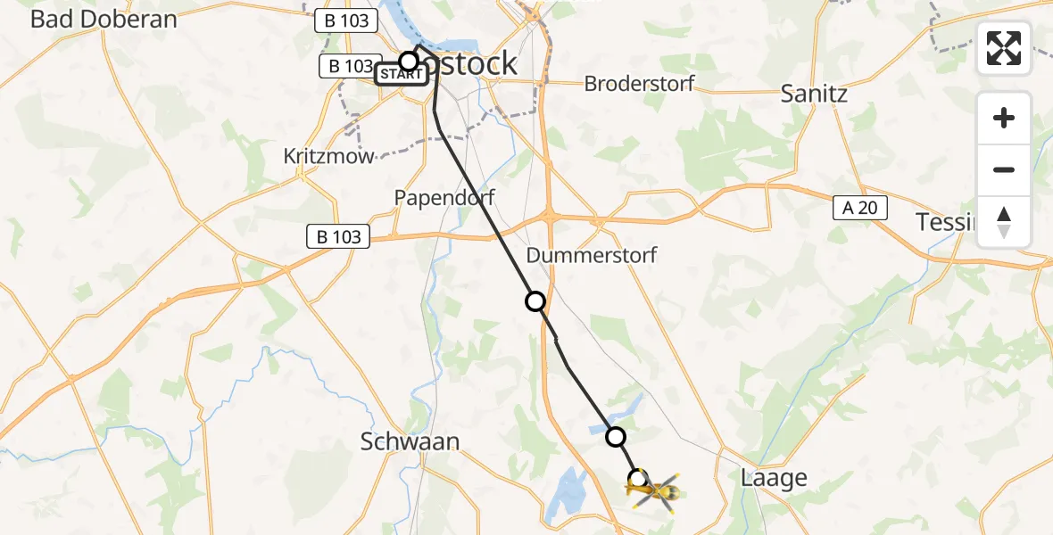 Flugroute Rettungshubschrauber Rostock University Hubschrauberlandeplatz - Flughafen Rostock-Laage, 08 April 2026, 13:33