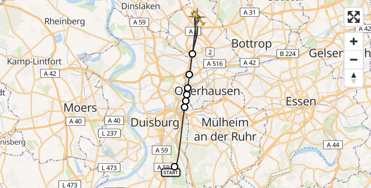 Flugroute Rettungshubschrauber Duisburg Air Rescue Hubschrauberlandeplatz (Christoph 9) - Oberhausen, 08 April 2026, 13:37