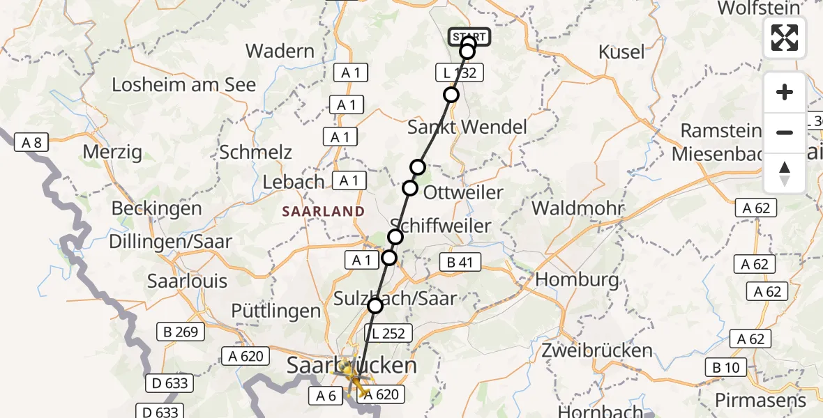 Flugroute Rettungshubschrauber Nohfelden - Saarbrücken, 08 April 2026, 13:39