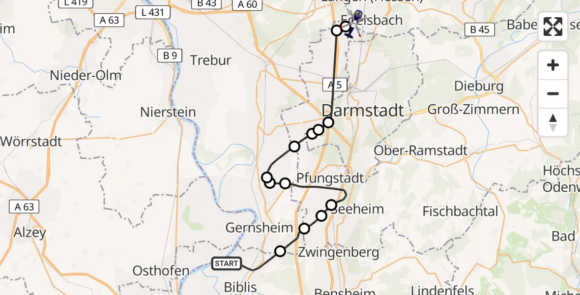 Flugroute Polizeihubschrauber Groß-Rohrheim - Flughafen Frankfurt-Egelsbach, 08 April 2026, 13:57