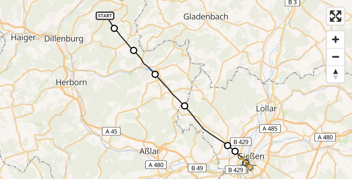 Flugroute Ambulanzhubschrauber Dillenburg - Gießen University Hospital, 08 April 2026, 14:04