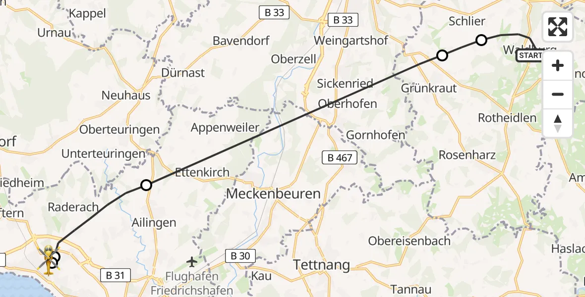 Flugroute Rettungshubschrauber Waldburg - Friedrichshafen Hospital, 08 April 2026, 14:10