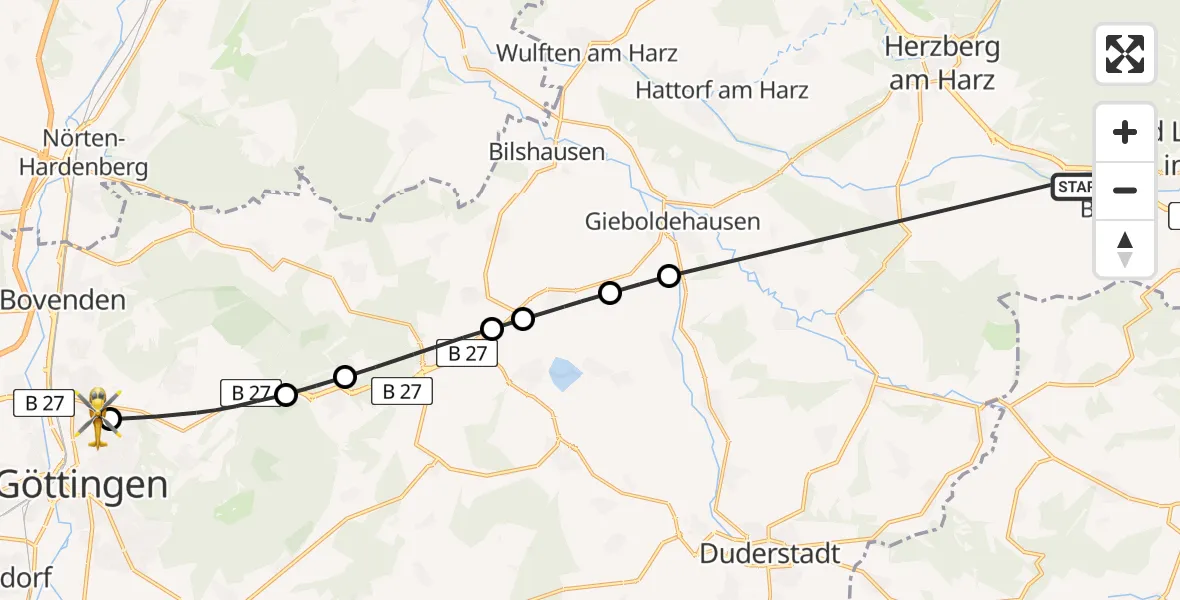 Flugroute Rettungshubschrauber Bad Lauterberg im Harz - Göttingen University Clinic Hubschrauberlandeplatz, 08 April 2026, 14:12