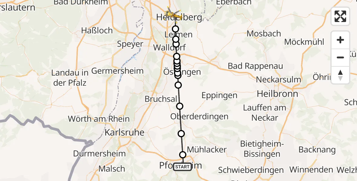 Flugroute Rettungshubschrauber Pforzheim - Heidelberg, 08 April 2026, 14:20