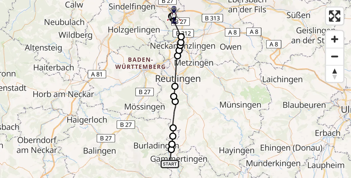 Flugroute Polizeihubschrauber Neufra - Flughafen Stuttgart, 08 April 2026, 14:30