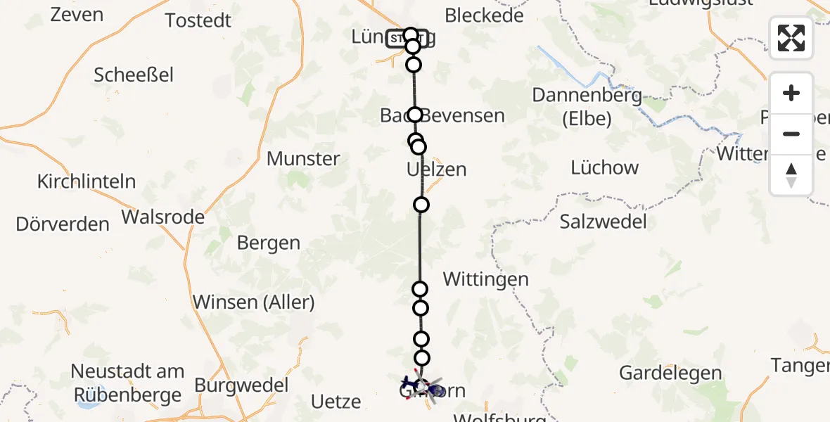 Flugroute Polizeihubschrauber Lüneburg Flugplatz - Gifhorn Bundespolizei Hubschrauberlandeplatz, 08 April 2026, 14:35