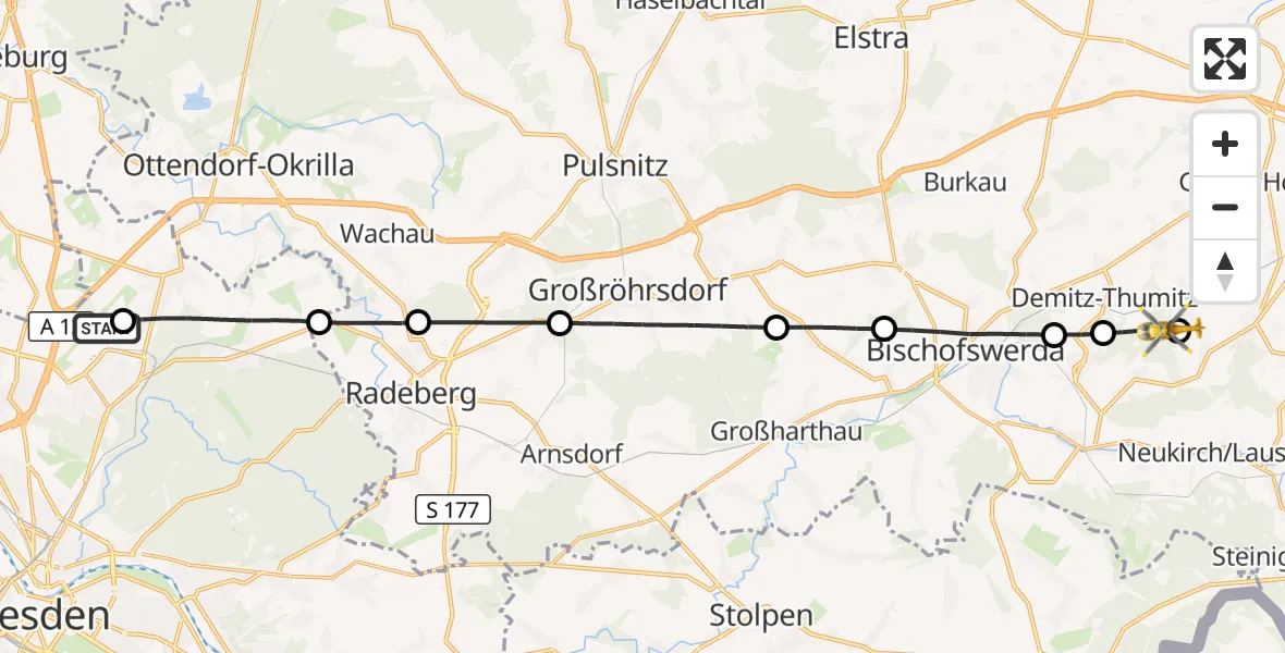Flugroute Rettungshubschrauber Dresden Bundespolizei Hubschrauberlandeplatz - Doberschau-Gaußig, 08 April 2026, 14:40