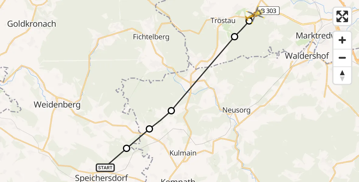 Flugroute Rettungshubschrauber Speichersdorf - Wunsiedel, 08 April 2026, 14:45