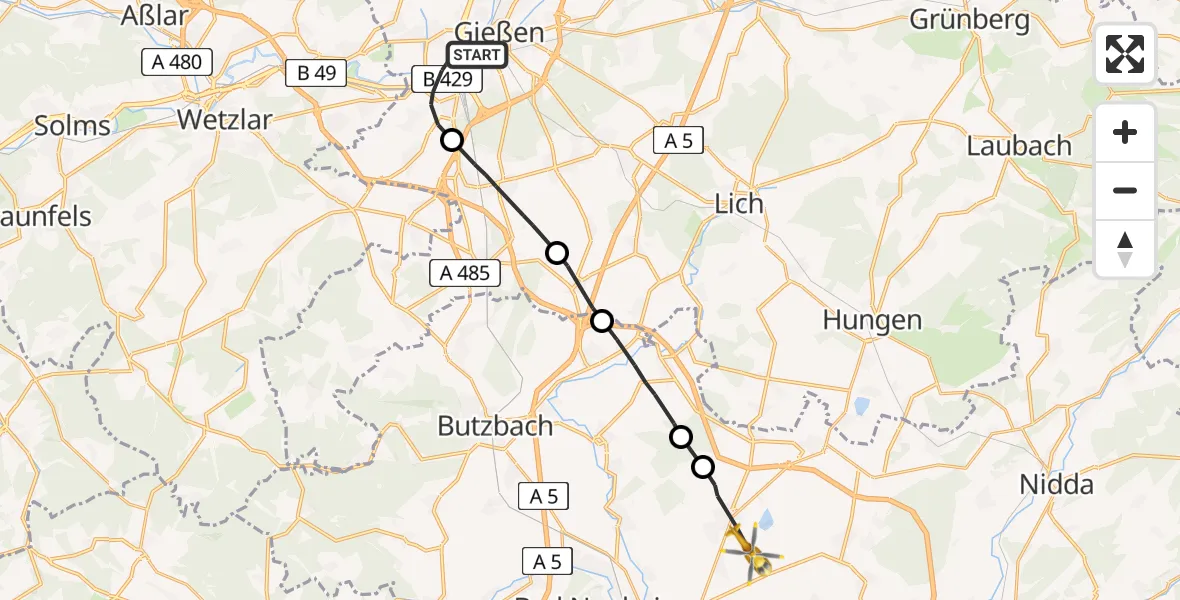 Flugroute Ambulanzhubschrauber Gießen - Wölfersheim, 08 April 2026, 14:45