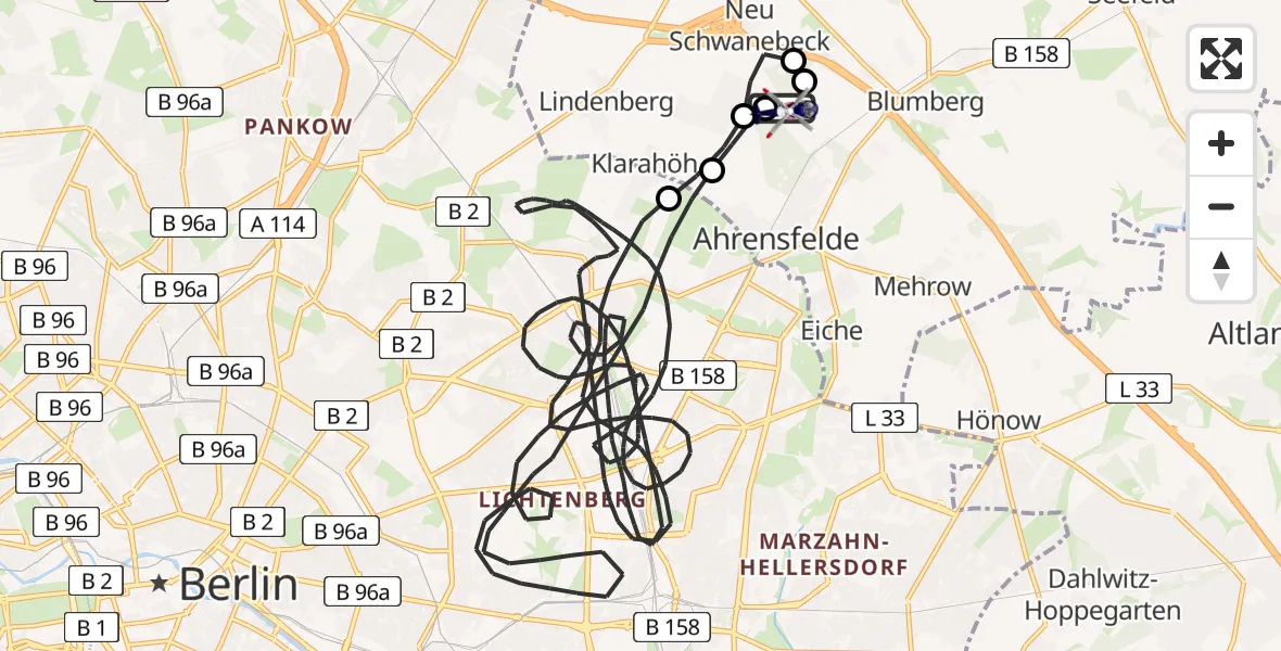 Flugroute Polizeihubschrauber Ahrensfelde Hubschrauberlandeplatz - Ahrensfelde Hubschrauberlandeplatz, 08 April 2026, 14:45