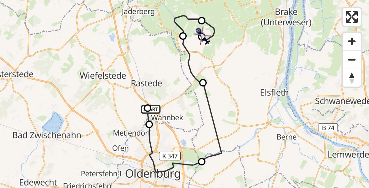 Flugroute Polizeihubschrauber Oldenburg Police Hubschrauberlandeplatz - Jade, 08 April 2026, 14:46