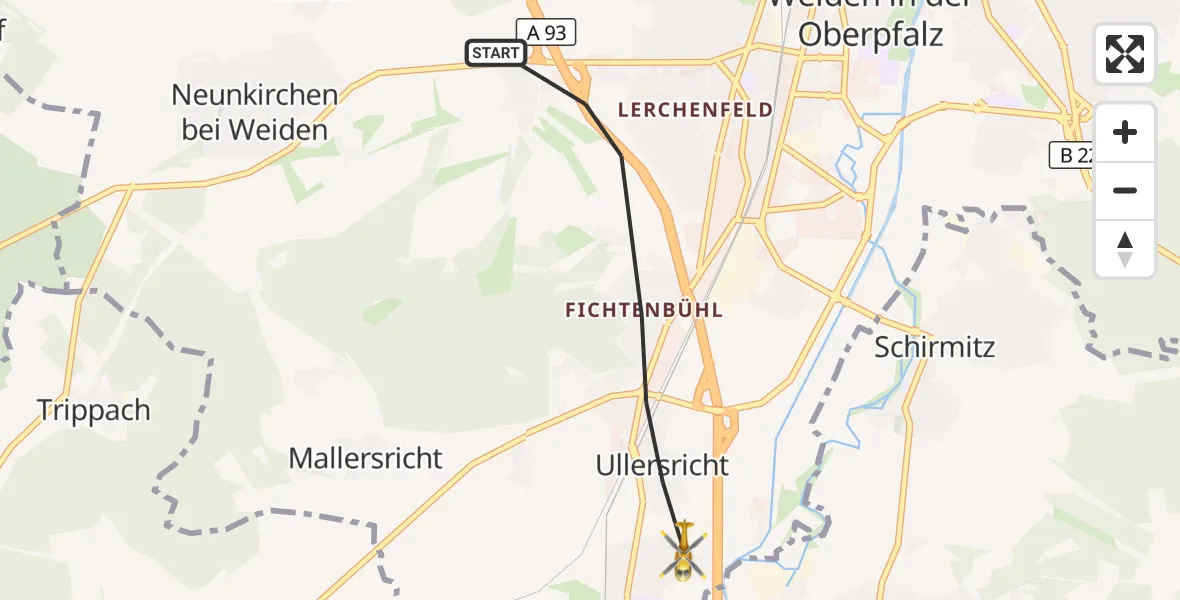 Flugroute Rettungshubschrauber Weiden i.d.OPf. - Weiden i.d.OPf., 08 April 2026, 14:47