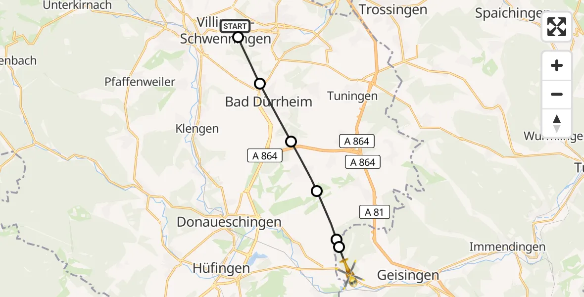 Flugroute Rettungshubschrauber DRF Air Rescue Station Villingen-Schwenningen Hubschrauberlandeplatz (Christoph 11) - Geisingen, 08 April 2026, 15:00
