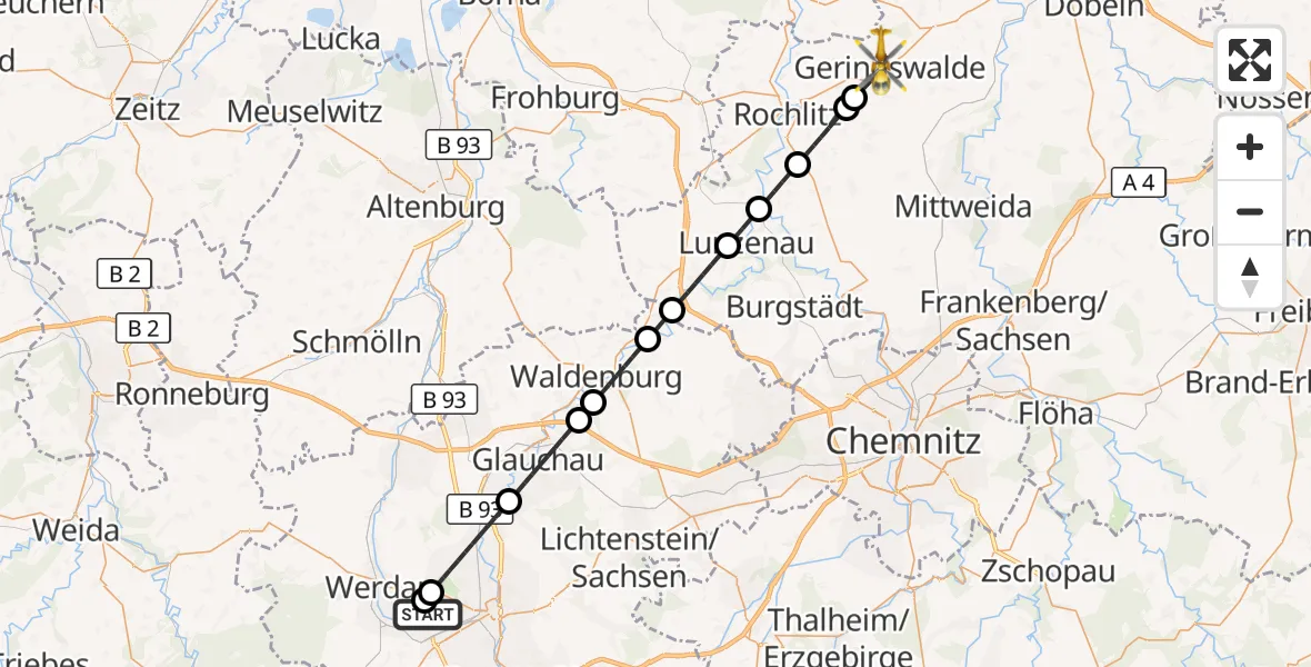 Flugroute Rettungshubschrauber ADAC Air Rescue Station Zwickau Hubschrauberlandeplatz - Geringswalde, 08 April 2026, 15:05