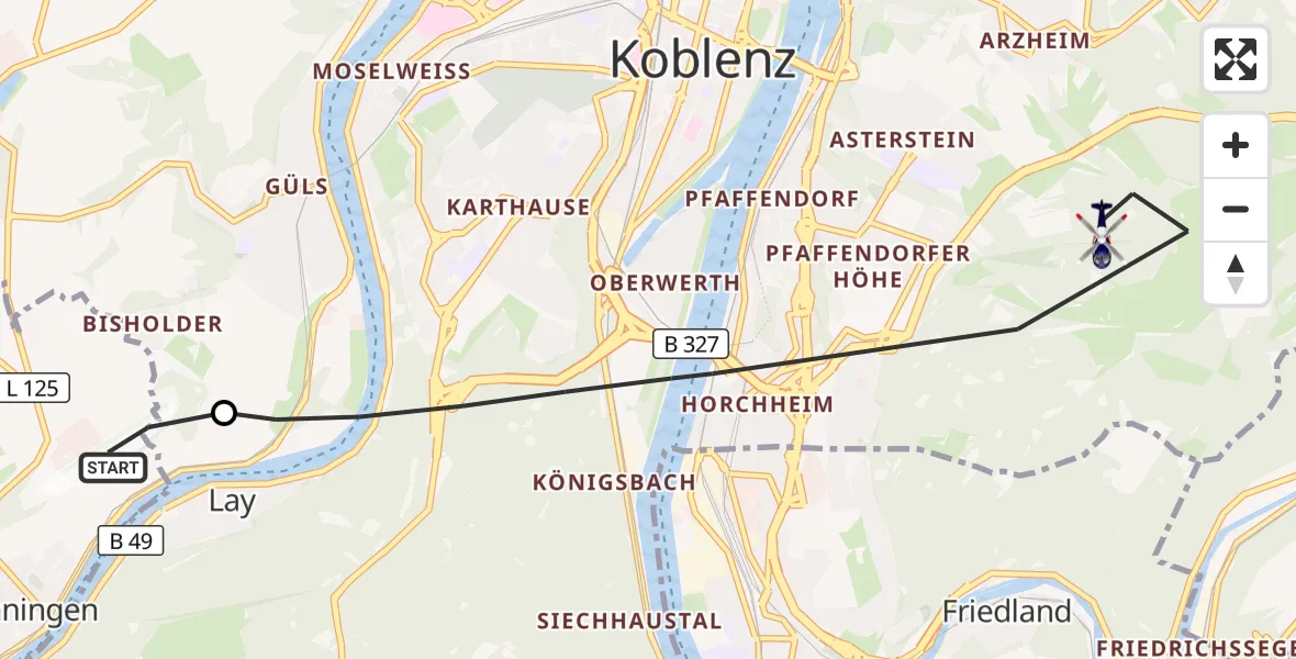 Flugroute Polizeihubschrauber Koblenz-Winningen Flugplatz - Koblenz, 08 April 2026, 15:20