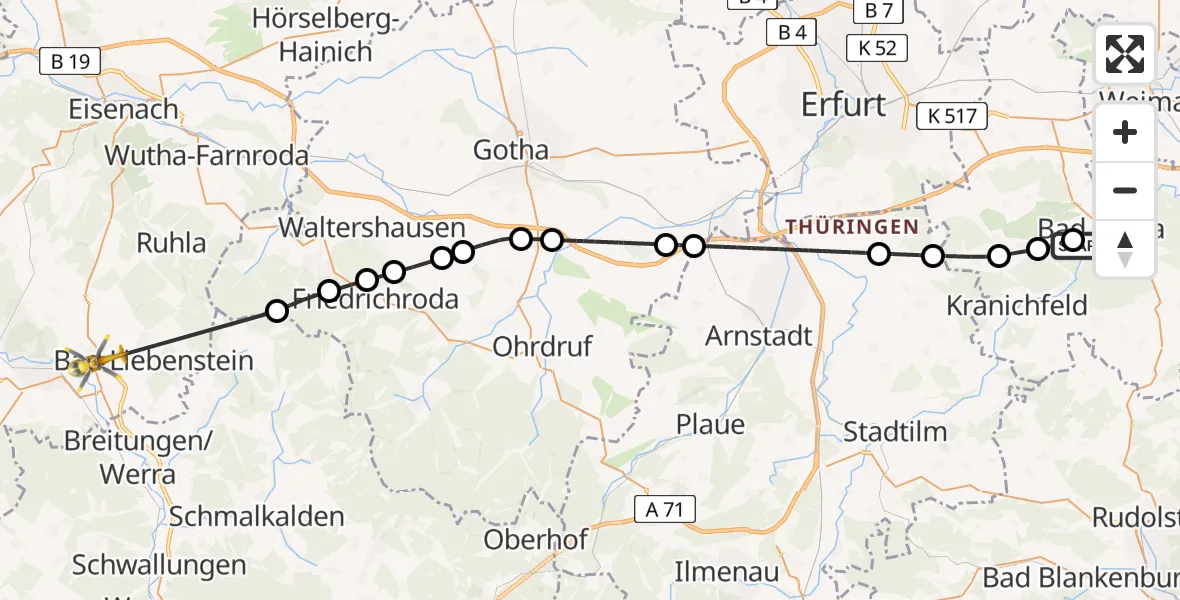 Flugroute Ambulanzhubschrauber Bad Berka Central Hospital - Bad Salzungen, 08 April 2026, 15:21