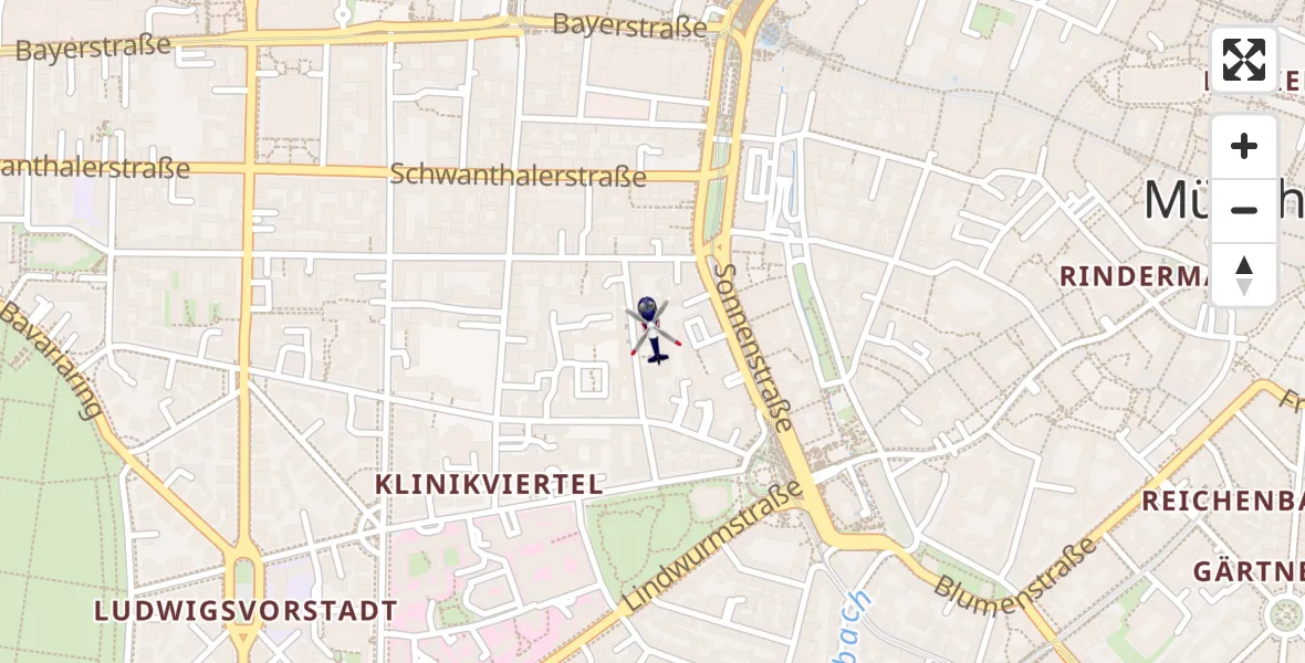 Flugroute Polizeihubschrauber Aussenlandeplatz Innenstadtkliniken Goetheplatz - Aussenlandeplatz Innenstadtkliniken Goetheplatz, 08 April 2026, 15:22