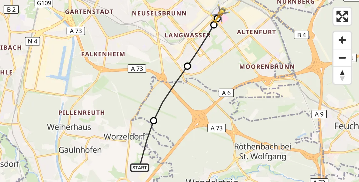 Flugroute Ambulanzhubschrauber Nürnberg - Nürnberg South Hospital, 08 April 2026, 15:25