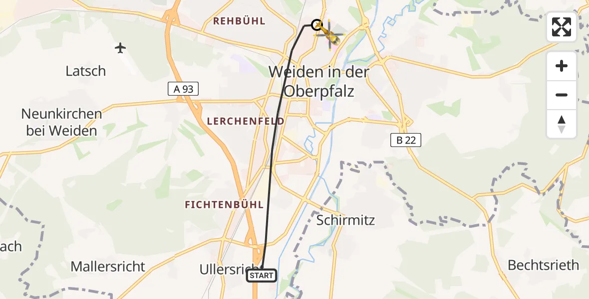 Flugroute Rettungshubschrauber Weiden i.d.OPf. - Weiden Hospital, 08 April 2026, 15:28