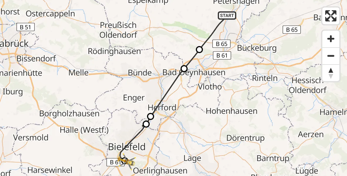 Flugroute Rettungshubschrauber Minden - Luftrettungszentrum Bielefeld, 08 April 2026, 15:30