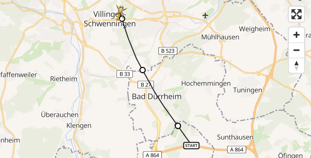 Flugroute Rettungshubschrauber Donaueschingen - DRF Air Rescue Station Villingen-Schwenningen Hubschrauberlandeplatz (Christoph 11), 08 April 2026, 15:40