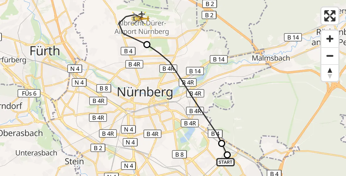 Flugroute Ambulanzhubschrauber Nürnberg South Hospital - Flughafen Nuremberg, 08 April 2026, 15:50