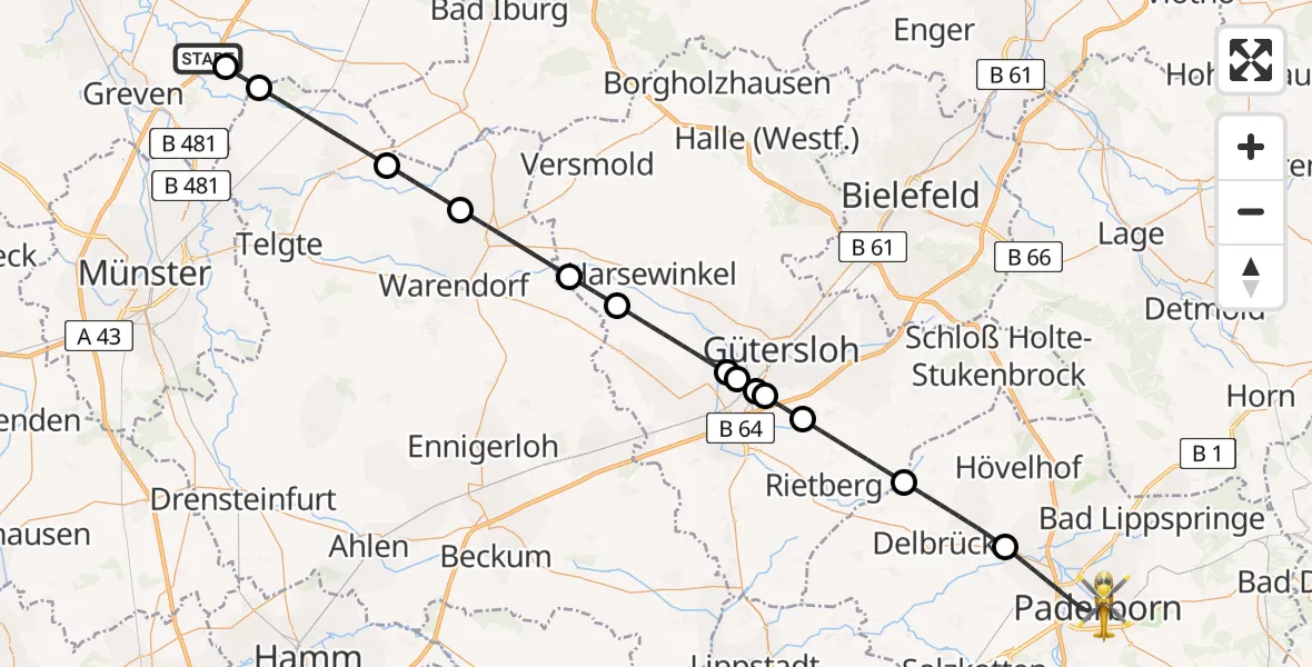 Flugroute Ambulanzhubschrauber Greven - Paderborn, 08 April 2026, 15:52