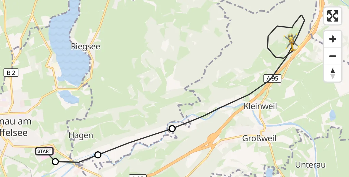 Flugroute Rettungshubschrauber Murnau Accident Hospital - Großweil, 08 April 2026, 15:53