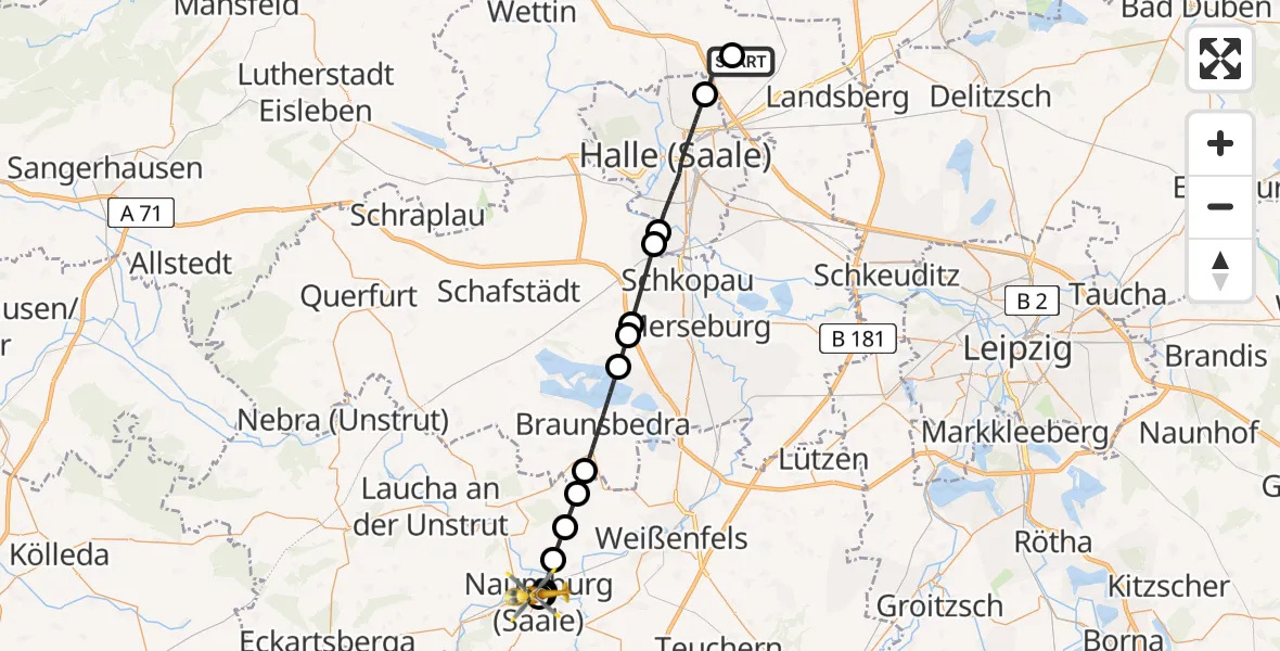 Flugroute Ambulanzhubschrauber Halle-Oppin Flugplatz - Naumburg Krankenhaus Hubschrauberlandeplatz, 08 April 2026, 15:54